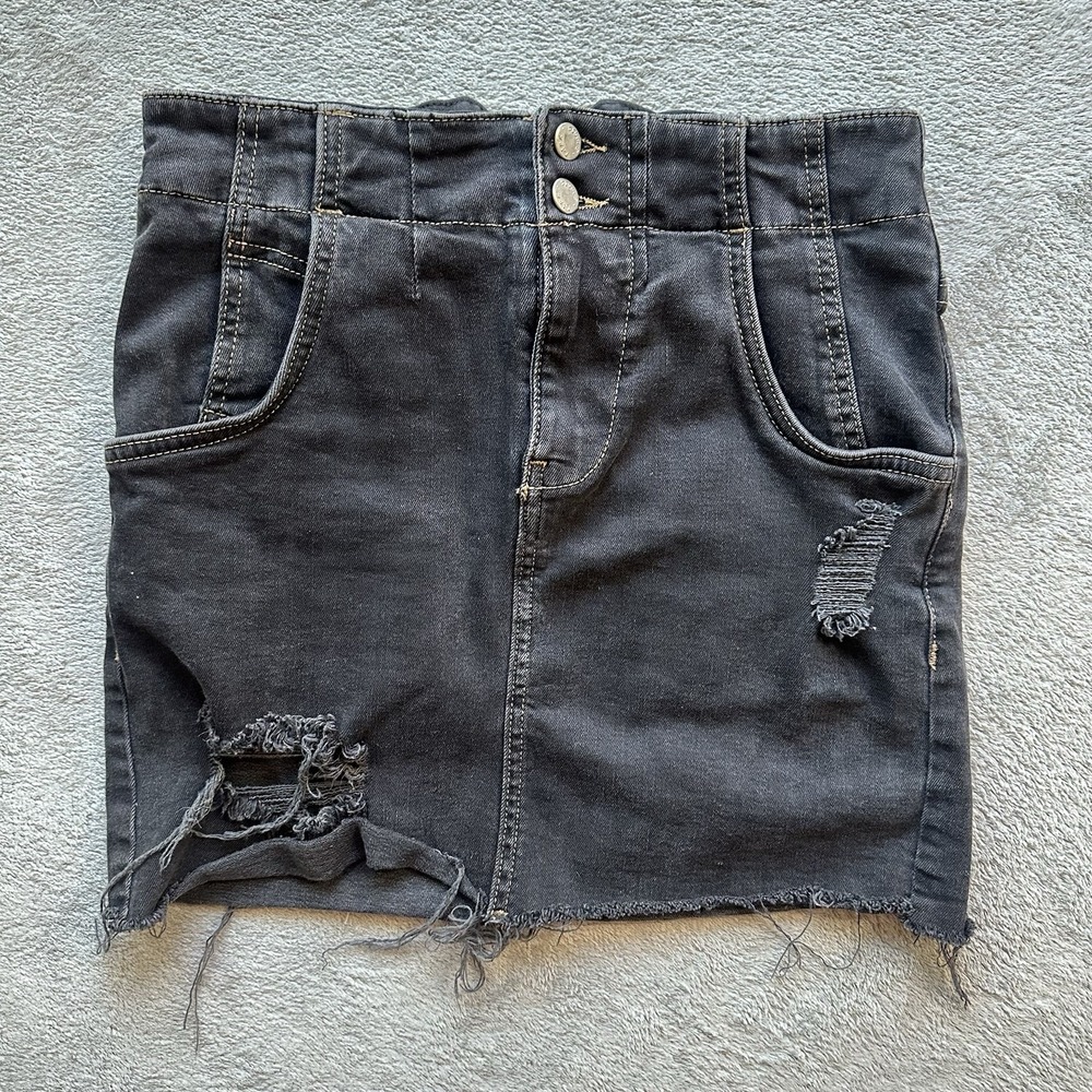 Free People Women's Black Denim Mini Skirt 2 High Waist Distressed Y2K Grunge